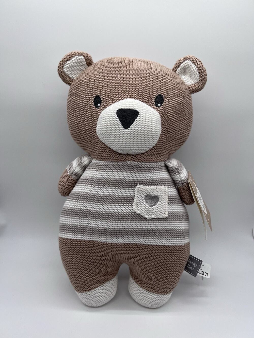 Living Textiles Brody Bear 15" Knit Plush Rattle Cotton Baby Nursery Neutral